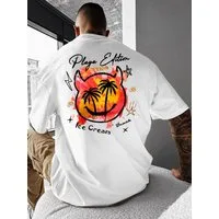 RMK T-Shirt Herren Shirt Top Rundhals mit Strand Smily Palmen Print aus 100% Baumwolle
