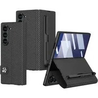 Wigento Handyhülle Für Samsung Galaxy Z Fold7 GKK Flip Lederhülle mit Stifthalter Carbon, Flip Leder Hülle mit integriertem Stifthalter