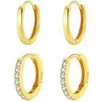 Hey Happiness Creolen-Set 4er Basic Layer, Ohrring-Set Silber 925 Damen, 2 Paare, Runde klassische Silber Ohrringe Kristalle, 18K vergoldet