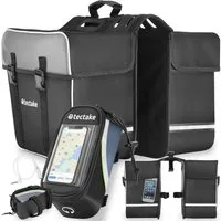 tectake Fahrradtasche Set Gepäcktasche Georg - Wasserabweisend für Fahrräder (fahrradtasche GEORG, in schwarz/grün), Mit Reflektorstreifen und Netztaschen