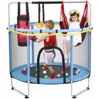 kehot Kindertrampolin Kinder Trampolin mit Sicherheitsnetz,Turnstange, Innen-/Außenbereich, Ø 140 cm, mit 10 kleine Bälle,2 Hängeringe,1 Basketballset,Schaukel,Sandsack