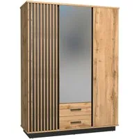 Deine Möbel 24 Kleiderschrank LAMI 15 mit Spiegel & 2 Schubladen, Wotan Eiche/Schwarz Matt/Lamellen (Ideal für Schlafzimmer, Flur, Garderobe & Jugendzimmer, 1-St., LAMI Kollektion) 145x193x52 cm