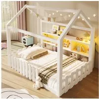 BlingBin Kinderbett Flachbett Bodenbett (Hausbett, 1-tlg., 90x190cm), mit Gitter, Mit LED-Lichtleiste, Offene Staufächer, Hausdesign