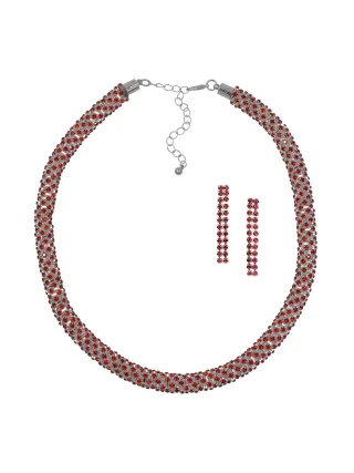 Steuer Modeschmuck Set Kette Ohrringe Metall 40+6,0cm glanz Glasstein rot