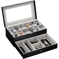 LuxusKollektion Uhrenbox Uhrenbox mit 12 Fächern Glasdeckel 2 Ebenen Uhrenkoffer Schwarz