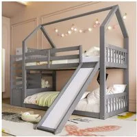 TavilaEcon Etagenbett Kinderbett Jugendbett Hausbett mit Stauraumtreppe und Rutsche, Holzbett mit Geländer, 90x200cm, grau