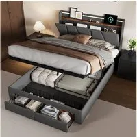 ADWOLT Polsterbett Stauraumbett Doppelbett Polsterbett mit Schubladen (1-tlg., Jugendbett), 160x200 cm,LED-Beleuchtung und USB-Ladefunktion,Grau,Leinenstoff
