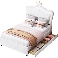 Flieks Polsterbett, LED Beleuchtung Krone Kunstleder Kinderbett 90x200cm mit 2 Schubladen