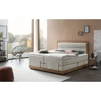 Belanoti Boxspringbett MODELA (Boxspringbett 200x200 elektrisch verstellbar Bett 200x200 mit Motor, 7-Zonen Taschenfederkern Matratze inklusive Visco Topper), in der Farbe Beige H2/H3 Polsterbett Motorbett mit Eiche