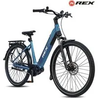 REX E-Bike Cityrad REX Commuter+ 28 Zoll, Mittelmotor, MIK Gepäckträger, für Damen&Herren, 7 Gang Freilauf Schaltwerk, Mittelmotor, 468 Wh, E-Bike max.120km, hydraulische Bremsen, blau&grau