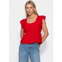 SASSYCLASSY T-Shirt Blusentop mit Rüschenärmeln für Damen Feminines Top mit eckigem Ausschnitt und elastischer Tailennaht Rot