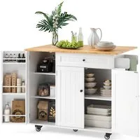 Blishom Küchenwagen Kücheninsel mit Rollen, Klappplatte, 130×75×88 cm, mit Schublade, Gewürzregal und feststellbaren Rollen