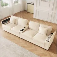 Merax 4-Sitzer Cord Sofa mit USB & USB-C, 1 Teile, Cordsofa mit 2 Zierkissen, klappbarer Mittelarmlehne & Stauraum