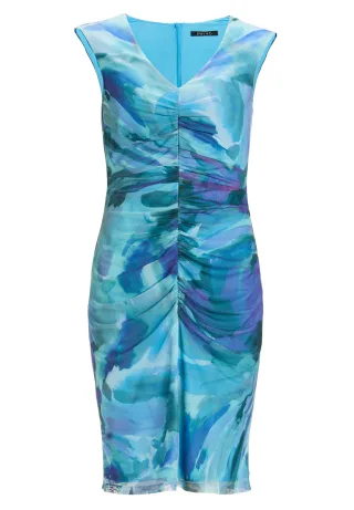 SWING - Etuikleid mit V-Ausschnitt und Raffung aus bedrucktem Mesh cruise blue/multi