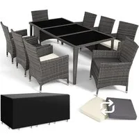 tectake Sitzgruppe Aluminium Rattan Gartenlounge mit Bezügen, inklusive Schutzhülle, (Loungeset Menorca, 9-tlg., für Außen in Grau), wetterfest und UV-beständig, mit Sicherheitsglasplatten, pflegeleicht
