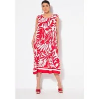 Ulla Popken Midikleid Midikleid Blätter geraffter Rundhals ärmellos