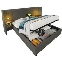 REDOM Polsterbett Hydraulisches Funktionsbett (Struraumbett, Doppelbett, Funktionsbett, 1-tlg., 180×200cm, ohne Matratze), mit Nachttisch, Leselampe und USB Type-C Ladefunktion