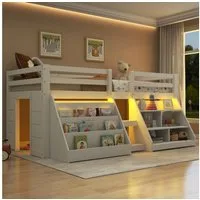 Flieks Hochbett Kinderbett Halbhochbett Holzbett 90x200cm mit 2 Stauraumregal und LED