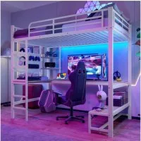 Flieks Hochbett Metallbett 90x200cm mit LED-Leiste, USB-Laden und Schreibtisch