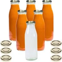 mikken Trinkflasche 6er Set Milchflaschen 500 ml mit Schraubdeckel plus 6 Erssatzdeckel, Fassungsvermögen: 0,5 Liter