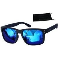Rennec Sonnenbrille (Herren Markenbrille mit Brillenbeutel) Gläser Polarisiert Blau Verspiegelt 3in2 Bügelgelenke Markenschriftzug