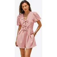 Imily Bela Strampler Damen Jumpsuits mit Schleife vorne und Puffärmeln (Packung, 1-tlg., 1per-Pack) einfarbig