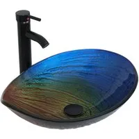 Puluomis Aufsatzwaschbecken Waschbecken Set mit Wasserhahn und Ablaufgarnitur Oval, Handgezeichnet Waschschale, Waschplätze für Badezimmer Küche WC