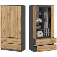 Home Collective Kleiderschrank Schrank 90cm breit mit 2 Schubladen, 3 Einlegeböden und Kleiderstange (Haushaltsschrank Schrank Organizer für Schlafzimmer Flur Keller Büro) robust & vielseitig viel Stauraum 90x50x180 (BxTxH) anthrazit / eiche