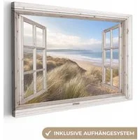 OneMillionCanvasses® Leinwandbild Durchblick - Strand - Meer - Dünen - Strandgras - Sand - Blau, Fotodruck (1 St), Leinwand Bilder Klein, Wand Dekoration Aesthetic 30x20 cm