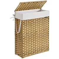 SONGMICS Wäschekorb schmal, Wäschesammler 55 L, Wäschebox, faltbar, 46 x 20 x 61 cm (aus synthetischem Rattan, geflochten), mit Deckel und Griffen, herausnehmbarer Wäschesack, pastellgelb