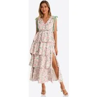 Imily Bela Maxikleid Damen Geblümte Boho Strandkleider mit hohem Schlitz (Packung, 1-tlg., 1per-Pack) mit Rüschen-Stufen