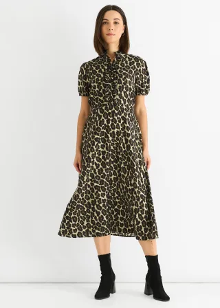 Grün Tiermuster Rüschenausschnitt Midi-Kleid