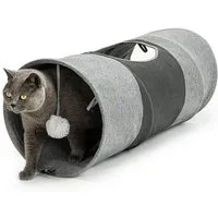 lionto Agility-Tunnel für Katzen, Spieltunnel erweiterbar & platzsparend, grau, Faux-Linen, faltbar (1-tlg) hochwertiger Katzentunnel mit Spielball