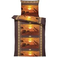 One Home Bettwäsche Afrika Savanne, Mikrofaser, 4 teilig, Safari, Elefanten und Giraffen