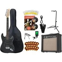 Rocktile E-Gitarre Pro ST60-BK All Black Super Kit, Kapodaster, Clip-Tuner und Plektren im Spar-Set, mit Gitarrenverstärker, Gitarrenständer und Gitarrengurt