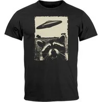 Neverless Print-Shirt Herren T-Shirt UFO Waschbär Aliens Fotodruck Printshirt Frontprint mit Print