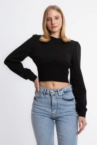 Rundhals Detailliertes Langarm Cropped Top