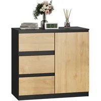 WLIVE Sideboard Kommode, Breite 80 cm, Sideboard mit 3 Schubladen & 1 Tür, (Packung, leise Schienen, viel Stauraum), Soft-Close-Funktion, Anrichte für Wohnzimmer & Flur, Schwarz+Eiche