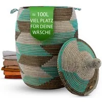 YAADU Wäschekorb mit Deckel 100L – Wäschesammler, Wäschetruhe, Aufbewahrungskorb, Handgefertigt in Afrika aus traditioneller Flechtkunst
