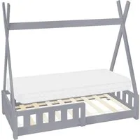 ML-DESIGN Spielbett Hausbett Tipi Zeltbett inkl. Lattenrost Bodenbett Kinder Himmelbett, Abenteuerbett mit Rausfallschutz Zelt Bett Kiefer Grau Kinderhaus