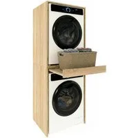 TREND WERK Waschmaschinenumbauschrank 66×64×184 cm - für Waschmaschine & Trockner übereinander (Waschraum Möbel Schrank für Waschküche mit Stauraum) Waschturm für Waschmaschine & Trockner mit Ausziehbrett & Hochschrank
