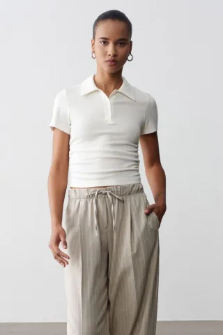 Damen Crop Slim Fit Polo T-Shirt