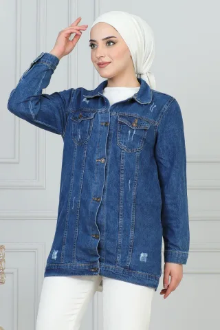 Laser Detailed Denim Jacke Blau