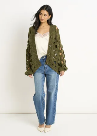 Khakifarbene Strickjacke mit Hohlkehle