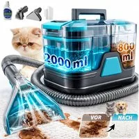 Grenintol Teppichreinigungsgerät 25KPA Waschsauger,Fleckentferner,Teppichreiniger,Polsterreiniger Gerät, 400 W, 5m Kabel + 1,5m Schlauch, 2000ML Frischwasser + 800ML Schmutzwasser, Tragbarerer Fleckenreiniger mit Trenntank-System, Integrierte Zirkula