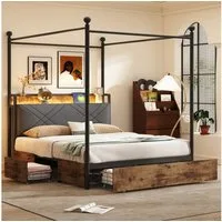 Flieks Himmelbett, Stauraumbett Metallbett 140x190cm mit 3 Schubladen, LED und USB/Typ-C