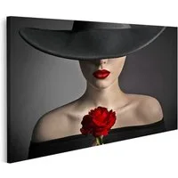 islandburner Leinwandbild Bild auf Leinwand Rote Rose Blume Frau Lippen Schwarzer Hut Mode Model