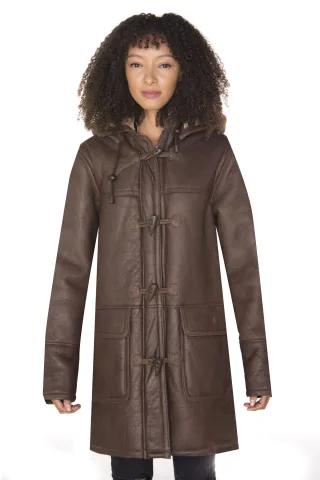 Brauner Damen-Dufflecoat aus Schafsleder mit Kapuze – Charlotte