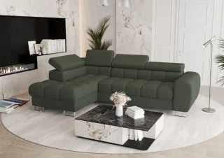 Ecksofa Schlafsofa BASTIEN in Stoff Gemma Dunkelgrün Ottomane Links