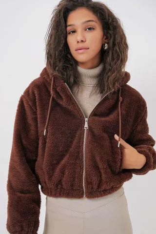 Crop Plüsch Reißverschluss-Front-Hoodie